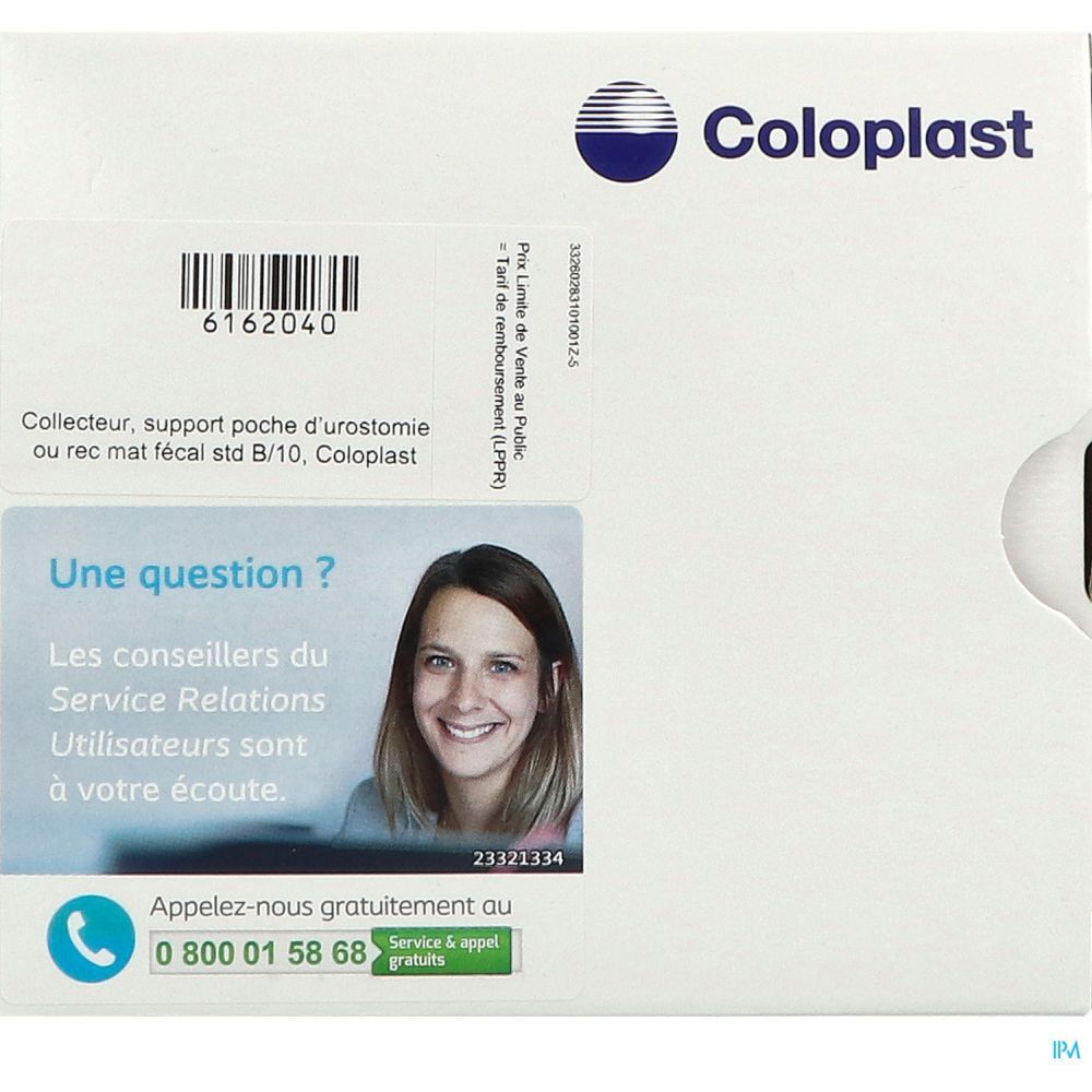 Emballage Coloplast. Texte: Collecteur, support poche d'urostomie. Une question ? Numéro de téléphone gratuit.