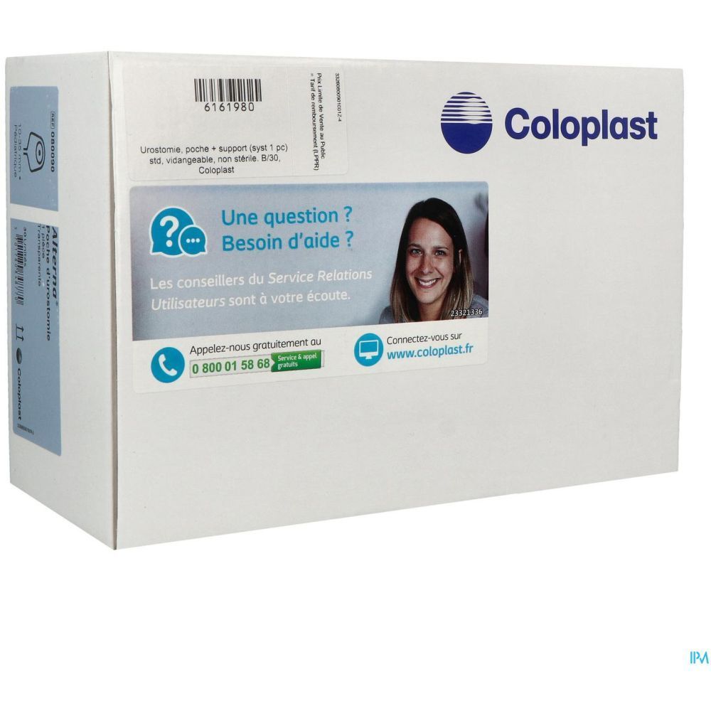 Boîte Coloplast. Informations produit et autocollant avec contact et photo d'une femme souriante. Texte: Une question ? Besoin d'aide ?
