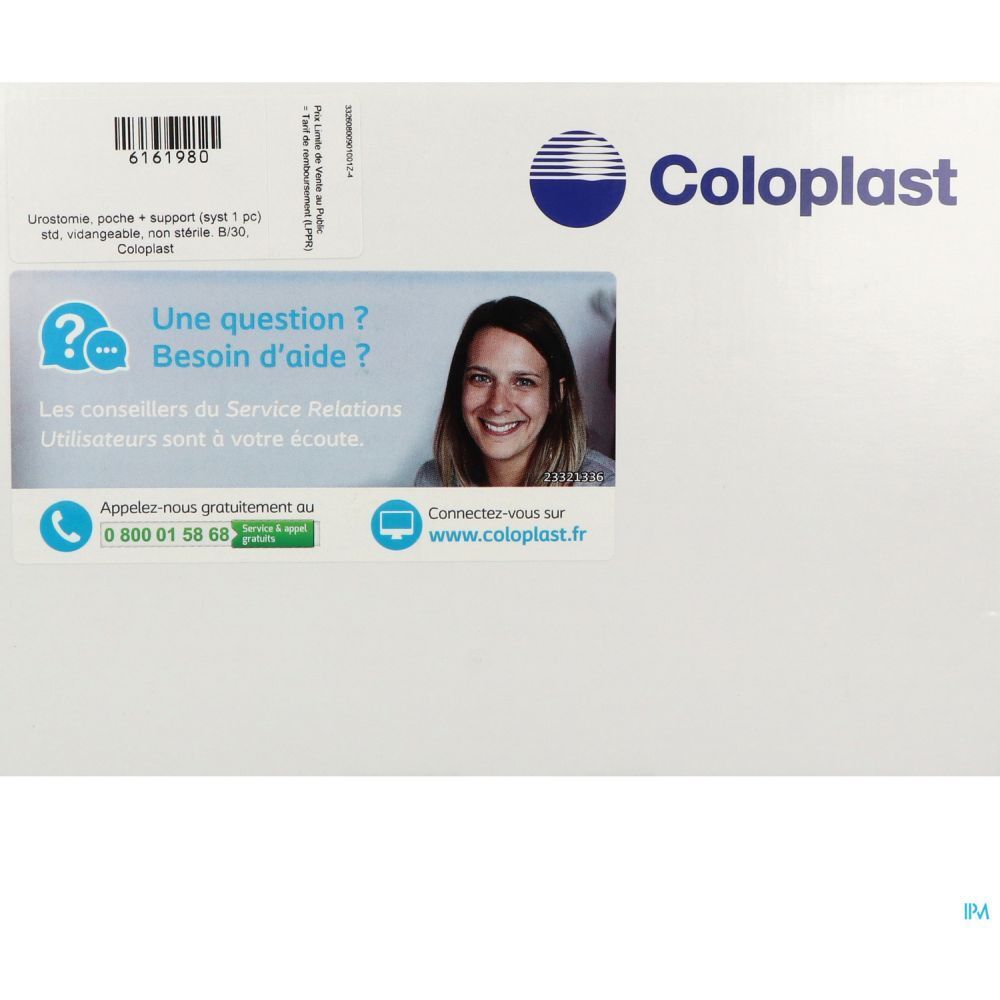 Emballage Coloplast. Informations produit et autocollant avec contact et photo d'une femme souriante. Texte: Une question ? Besoin d'aide ?