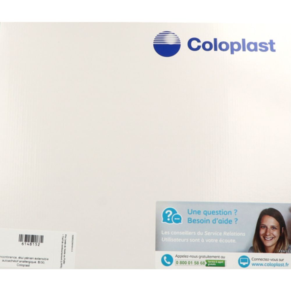 Emballage blanc Coloplast. Logo et informations de contact. Autocollant avec question et contact.