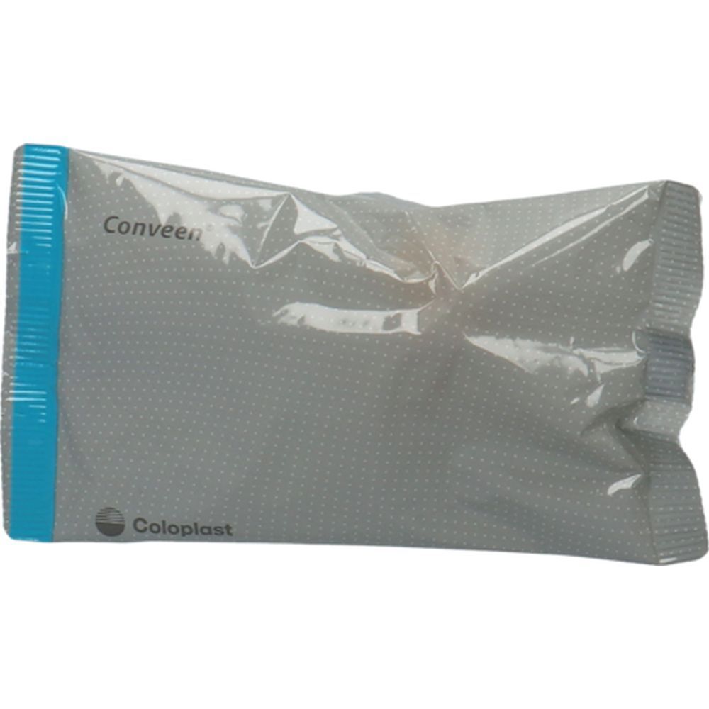 Emballage individuel gris, bande bleue. Inscription Conveen et logo Coloplast.