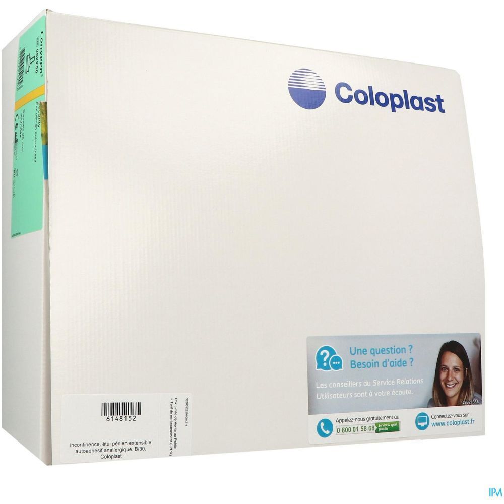 Emballage blanc Coloplast. Logo et informations de contact. Autocollant avec question et contact.