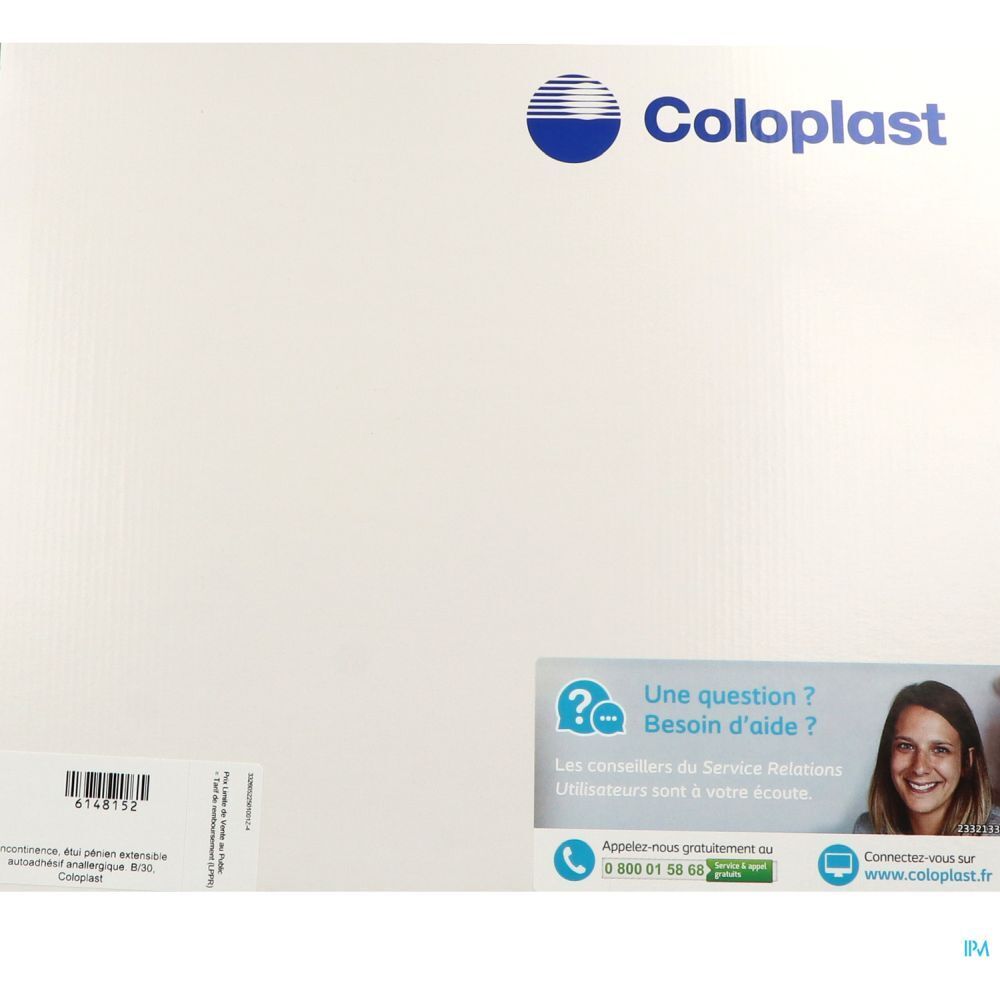 Emballage blanc avec logo Coloplast et informations de contact. Autocollant avec point d'interrogation et femme.