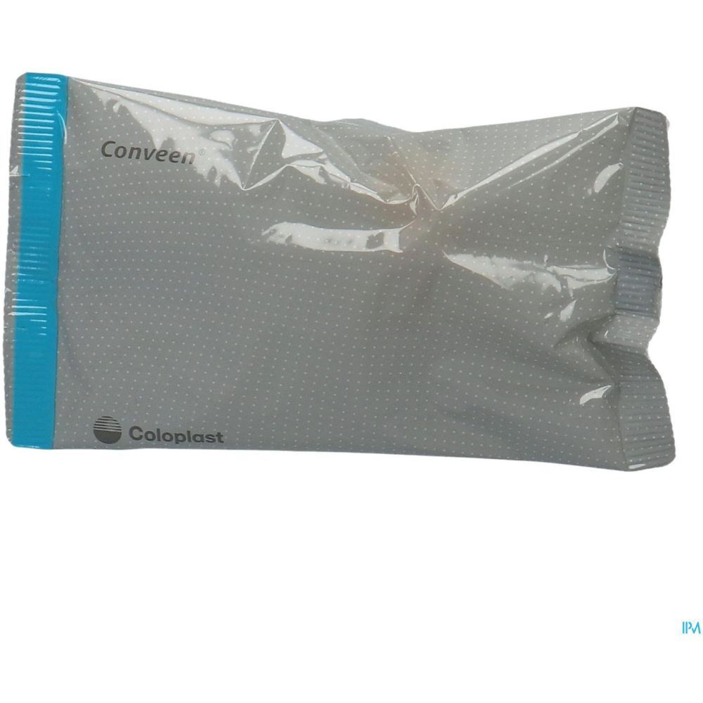 Emballage individuel d'un produit médical. Film gris avec bande bleue et logo Coloplast. Inscription Conveen.