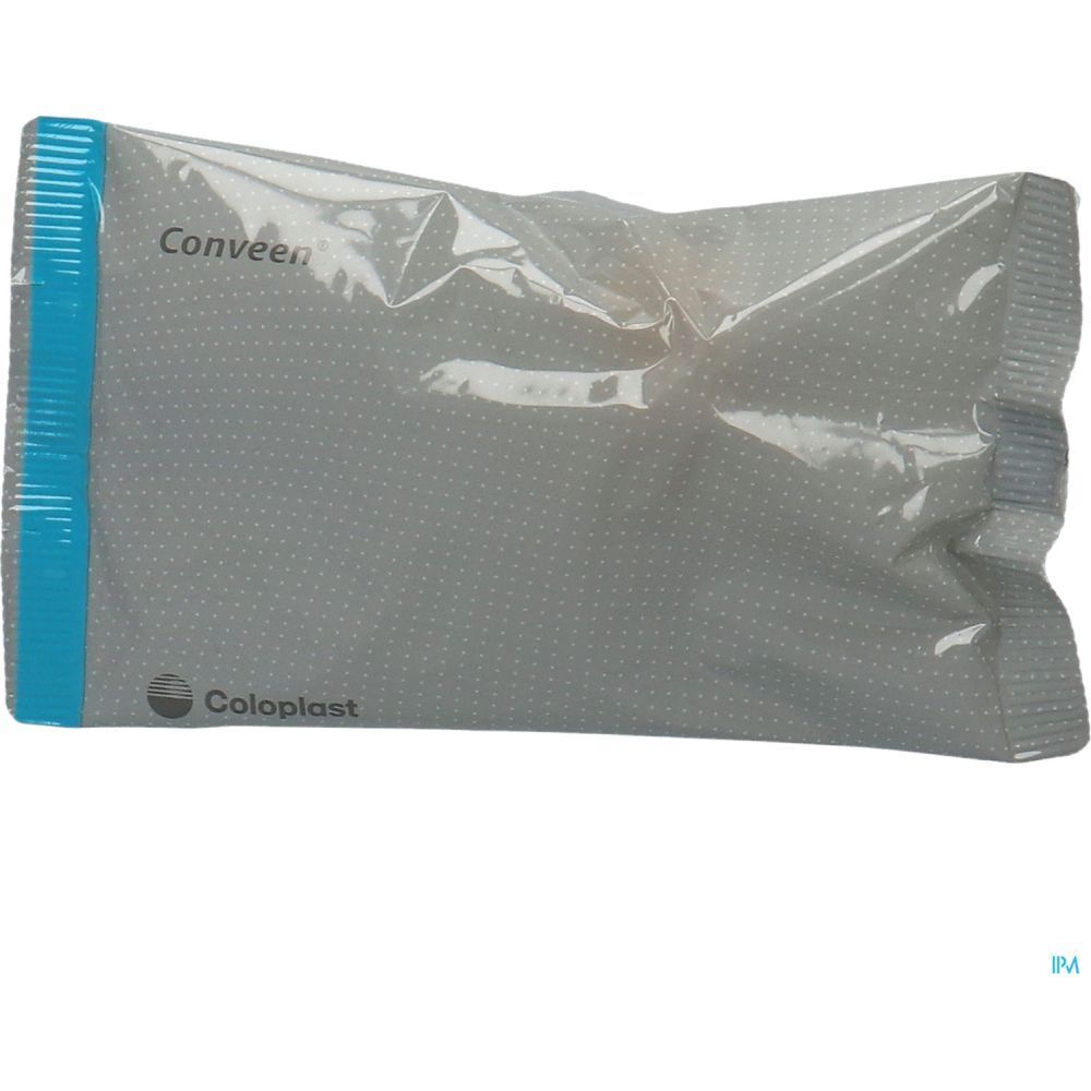 Emballage individuel d'un produit médical. Film gris avec bande bleue et logo Coloplast. Inscription Conveen.
