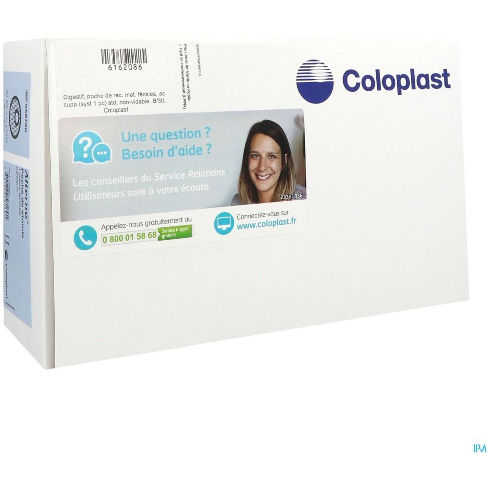 Boîte blanche avec logo Coloplast et coordonnées. Section questions/aide avec photo d'une femme.