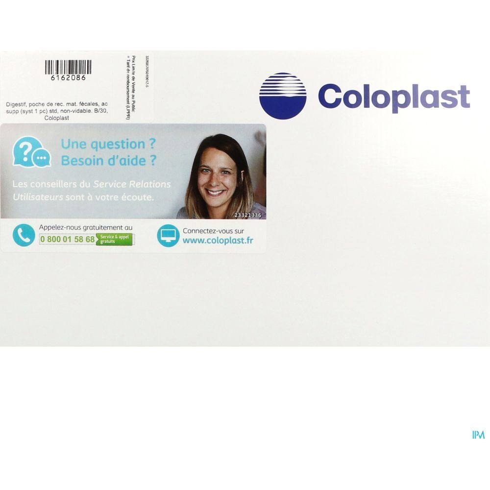 Emballage blanc avec logo Coloplast et coordonnées. Section questions/aide avec photo d'une femme.