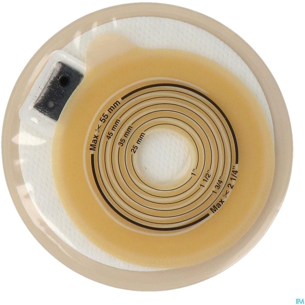 Poche ronde couleur peau avec filtre intégré et échelle de mesure. Fermeture noire. Emballage transparent.