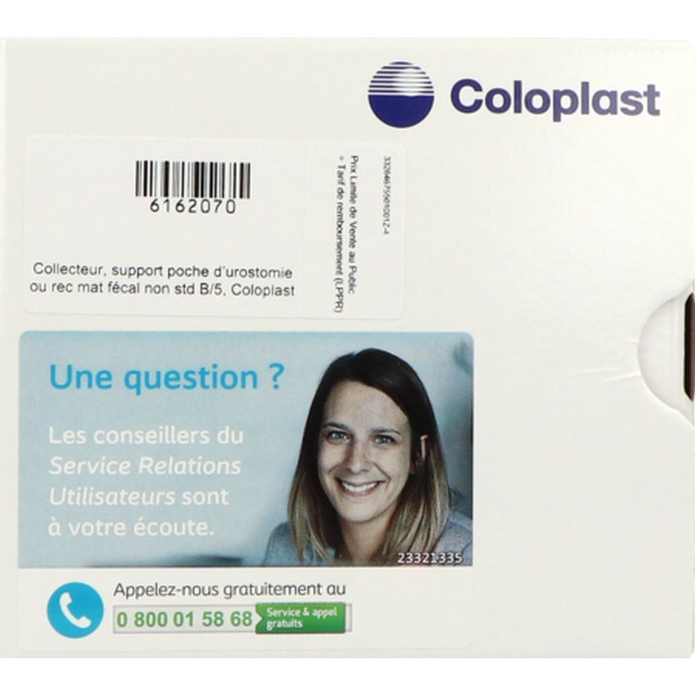 Boîte Coloplast. Étiquette avec informations produit et contact. Femme souriante. Numéro de téléphone et texte.