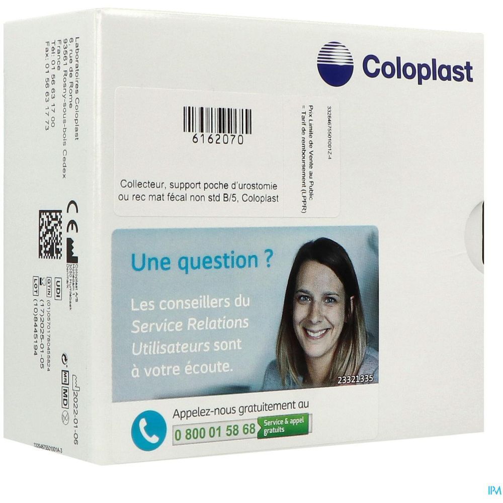 Boîte Coloplast. Étiquette avec informations produit et contact. Femme souriante. Code-barres et texte.