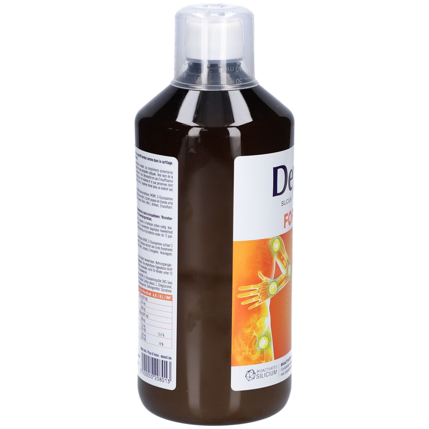 Liquide brun en bouteille à bouchon blanc. Étiquette latérale avec texte et illustration d'articulations.