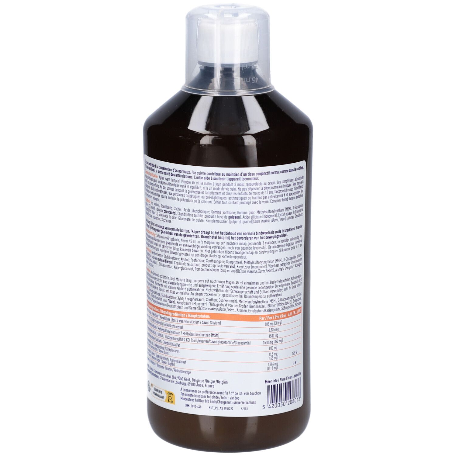 Liquide brun en bouteille à bouchon blanc. Dos avec texte. Informations nutritionnelles et ingrédients.