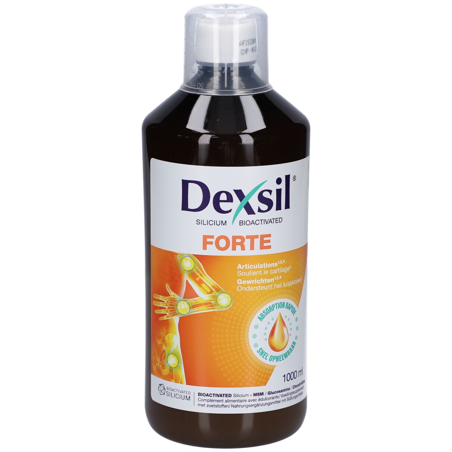 Liquide brun en bouteille à bouchon blanc. Inscription Dexsil Forte, avec illustration d'articulations. 1000ml.