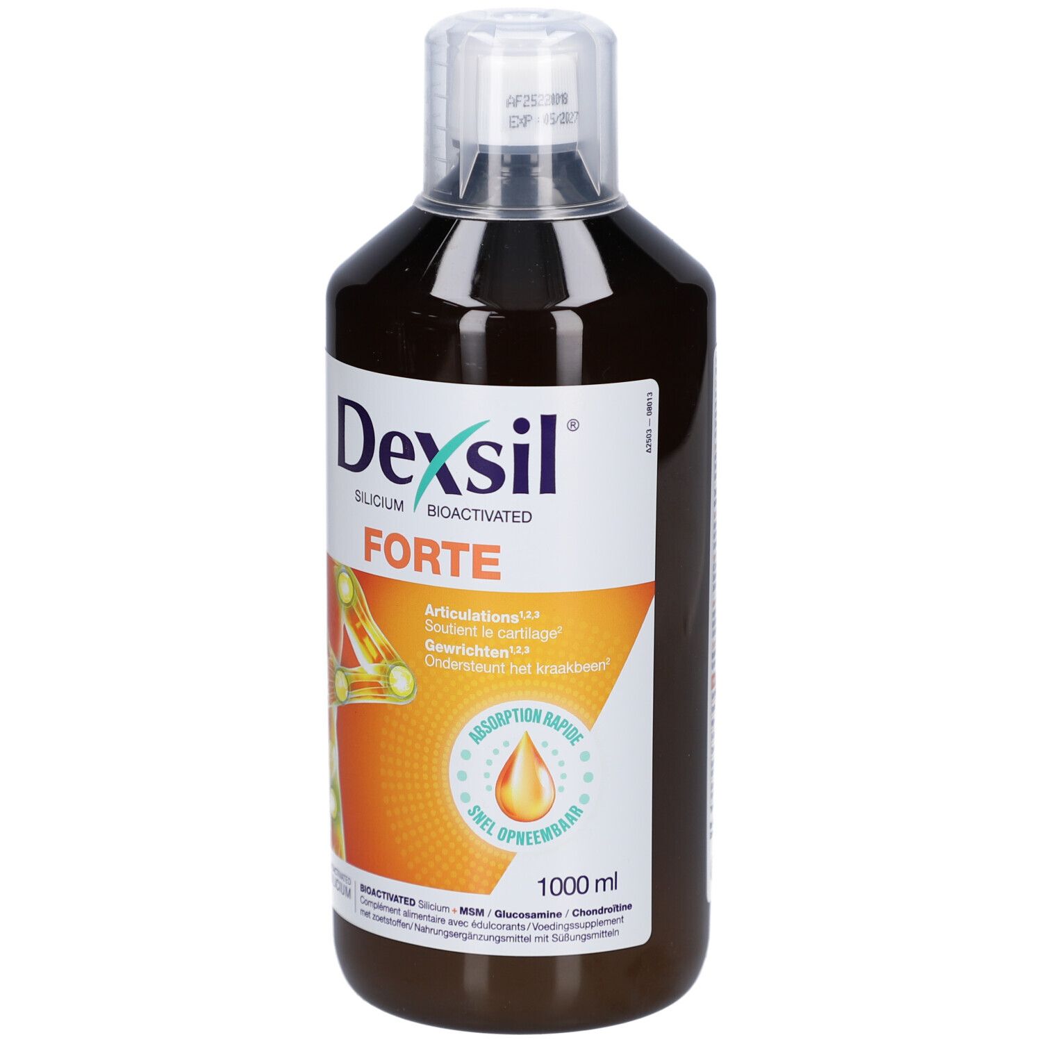 Liquide brun en bouteille à bouchon blanc. Inscription Dexsil Forte, avec illustration d'articulations. 1000ml.