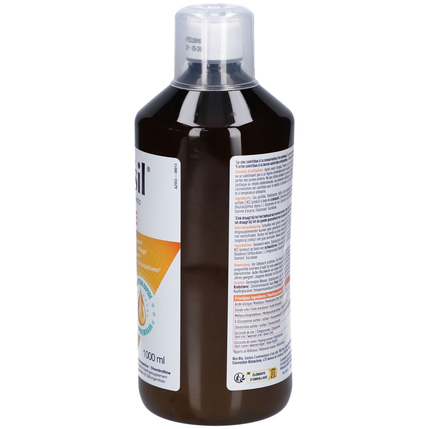 Liquide brun en bouteille à bouchon blanc. Étiquette latérale avec texte et illustration d'articulations. 1000ml.