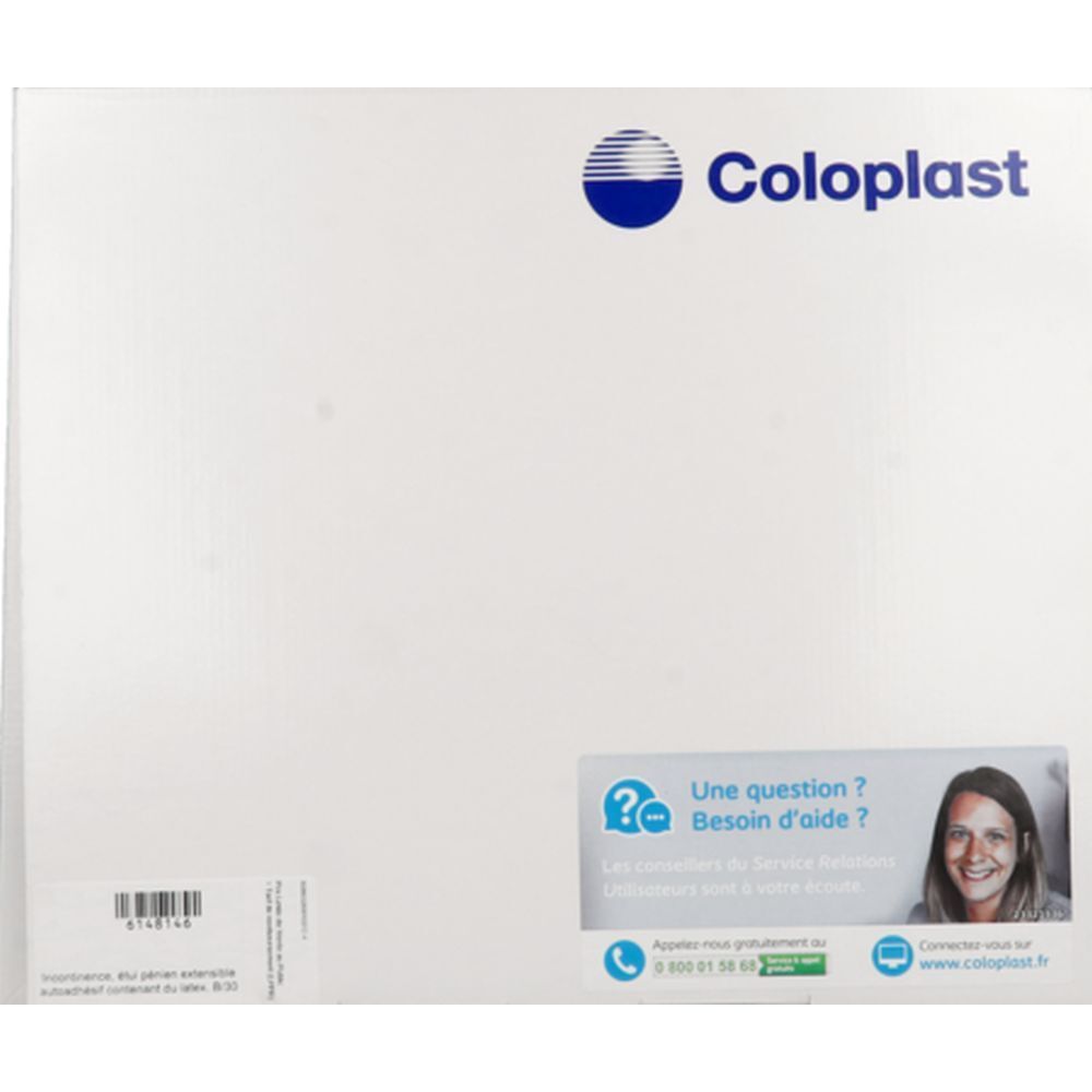 Emballage blanc Coloplast avec logo et informations de contact. Autocollant avec informations produit.