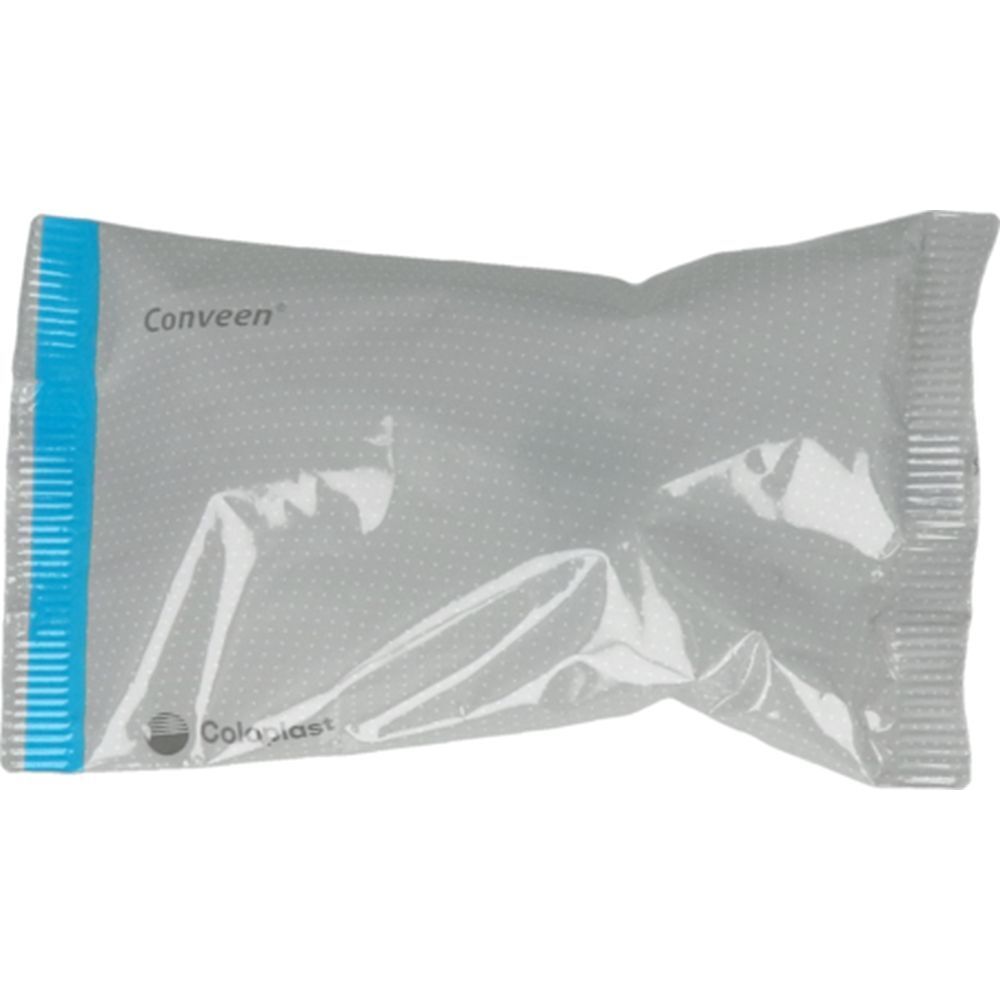 Emballage individuel transparent avec nom Conveen et logo Coloplast. Ligne bleue.
