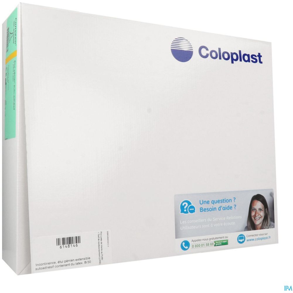 Emballage blanc Coloplast avec logo et contact. Autocollant avec infos produit et ligne verte.