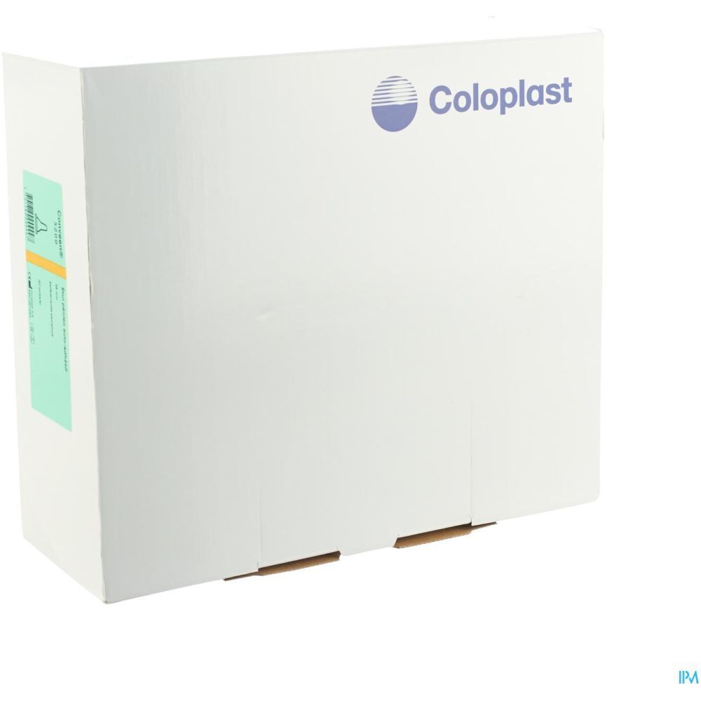 Emballage blanc Coloplast avec logo. Forme carrée. Autocollant avec informations produit.