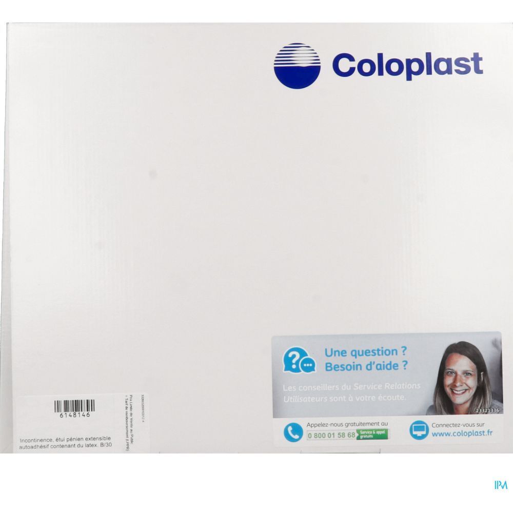 Emballage blanc Coloplast avec logo et contact. Autocollant avec informations produit.