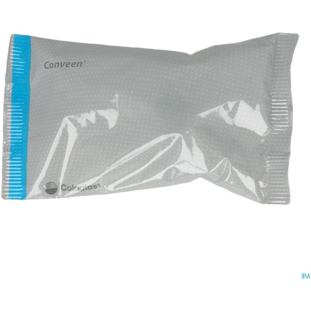 Emballage individuel transparent avec nom Conveen et logo Coloplast. Ligne bleue.