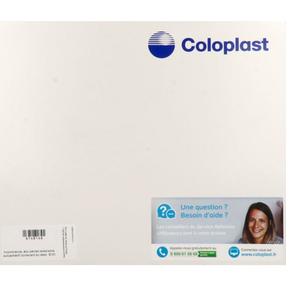 Emballage blanc avec logo Coloplast. Informations de contact et questions. Image d'une femme. Texte en français.