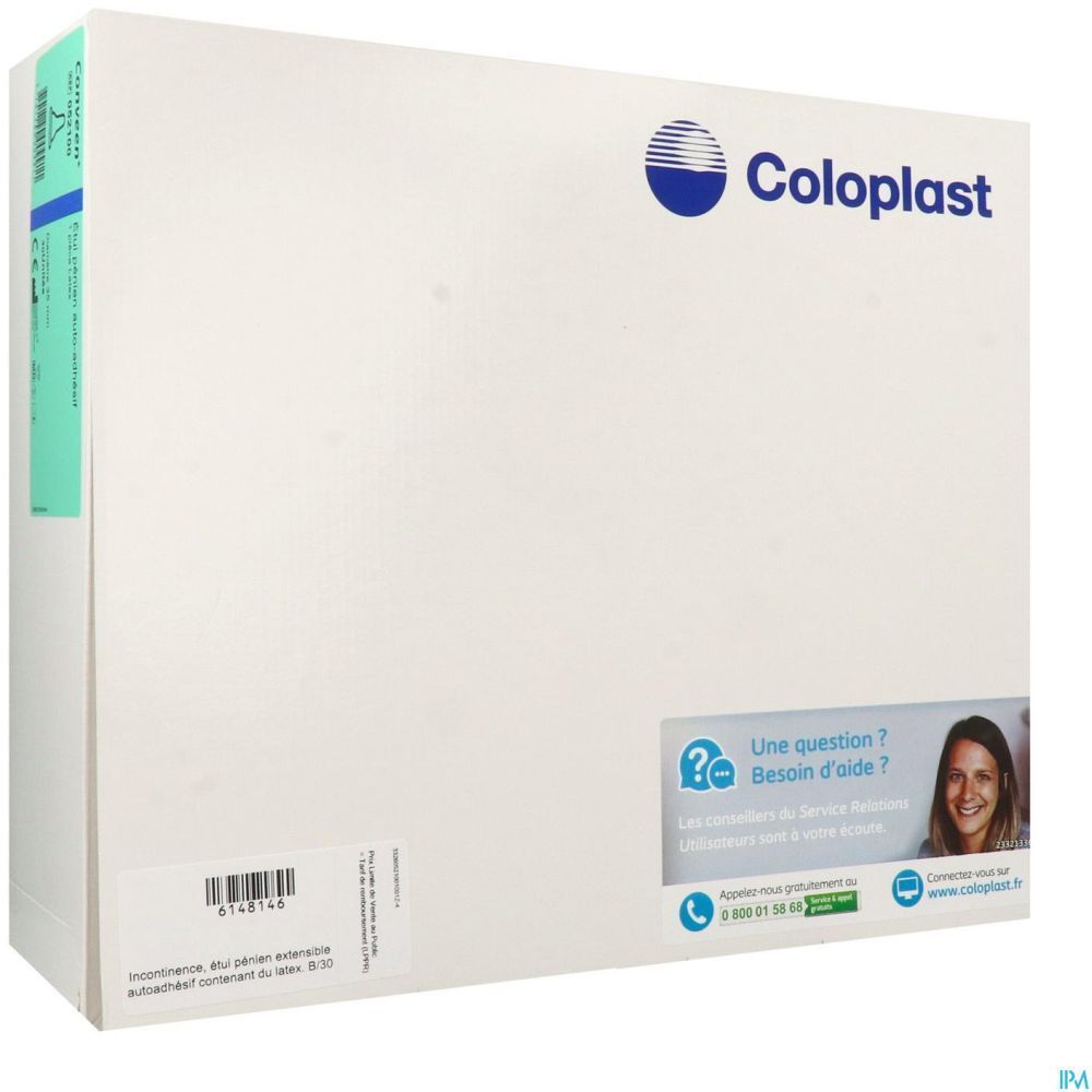 Emballage blanc avec logo Coloplast. Informations produit et contact. Texte en français.