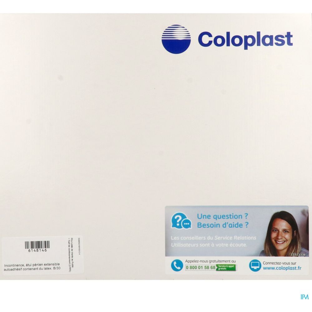 Emballage blanc avec logo Coloplast. Informations de contact et questions. Image d'une femme. Texte en français.