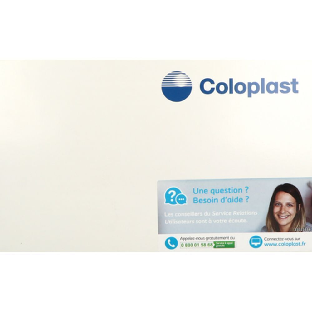 Logo Coloplast. Autocollant avec informations de contact et slogan "Une question ? Besoin d'aide ?".