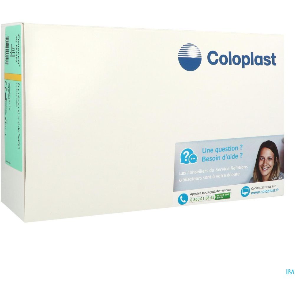 Emballage produit blanc avec logo Coloplast. Autocollant avec informations de contact et slogan "Une question ? Besoin d'aide ?".