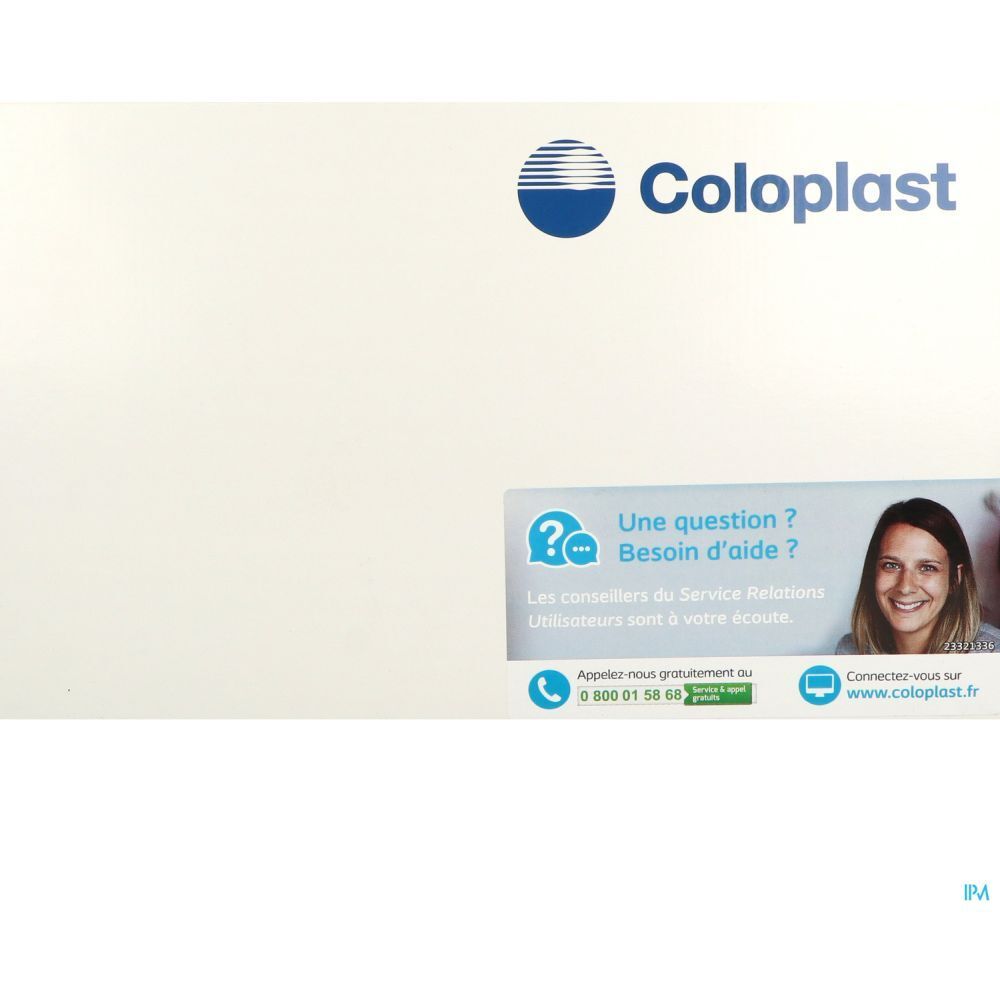 Logo Coloplast. Autocollant avec informations de contact et slogan "Une question ? Besoin d'aide ?".