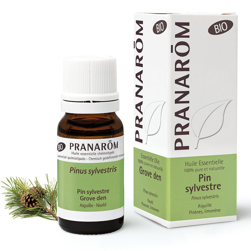 Flacon et boîte Pranarôm. Huile essentielle Pin sylvestre Bio. Ingrédients : Pinus sylvestris, Grove den, Aiguille - Naald. Label Bio.