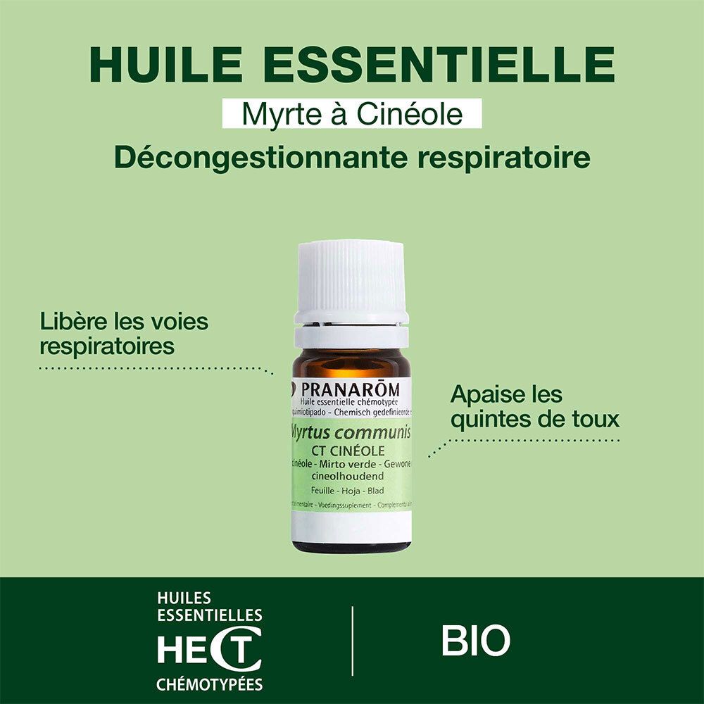 Fond vert avec flacon. Texte: Huile Essentielle Myrte à Cinéole. Décongestionante respiratoire. BIO.