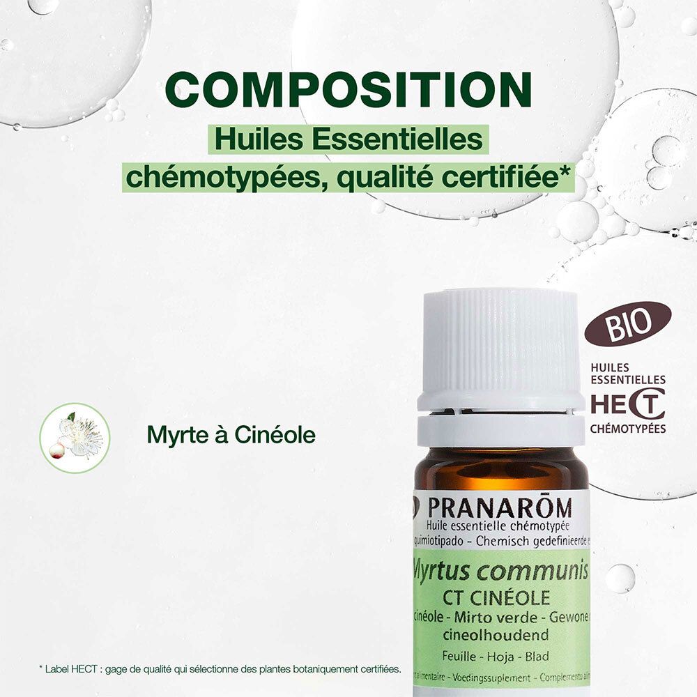 Flacon avec texte: Myrte à Cinéole. Texte: Huiles Essentielles chémotypées, qualité certifiée. BIO.