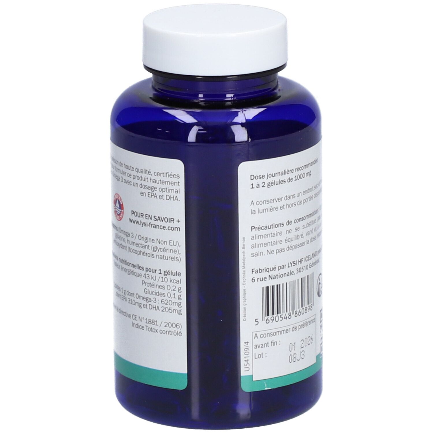 Flacon bleu de gélules. Texte en français. Informations sur les ingrédients et la valeur nutritionnelle. Code QR et date de péremption.