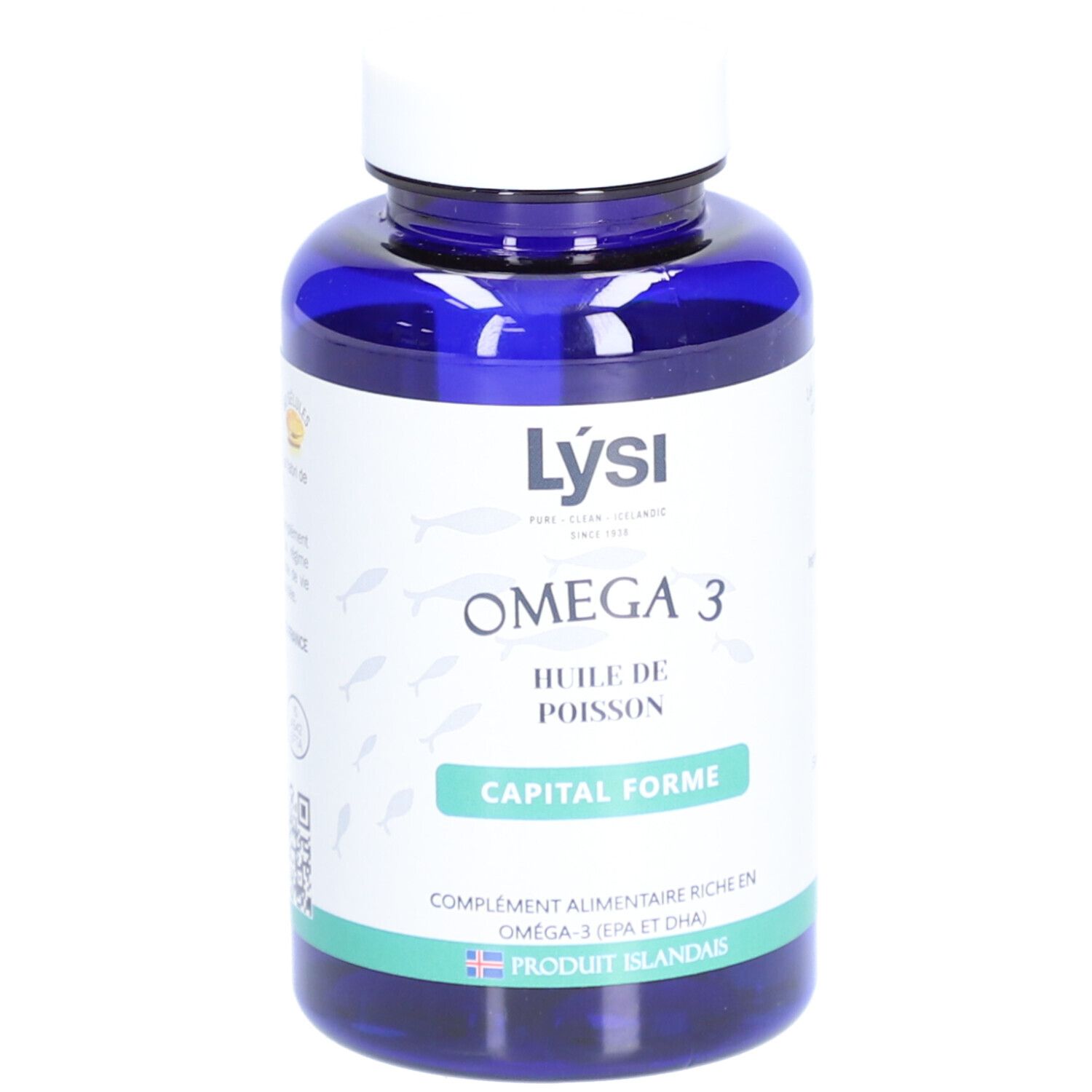 Flacon bleu de gélules. Inscription: LYSI OMEGA 3 HUILE DE POISSON CAPITAL FORME. Produit d'Islande.