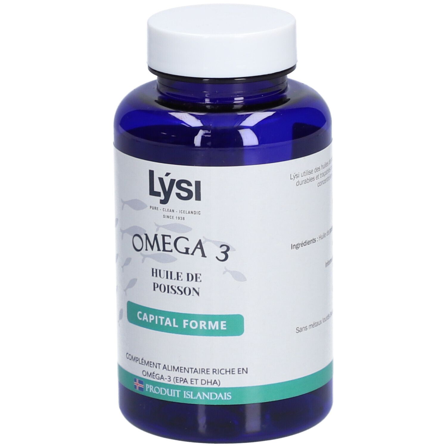 Flacon bleu de gélules. Inscription: LYSI OMEGA 3 HUILE DE POISSON CAPITAL FORME. Bande verte.