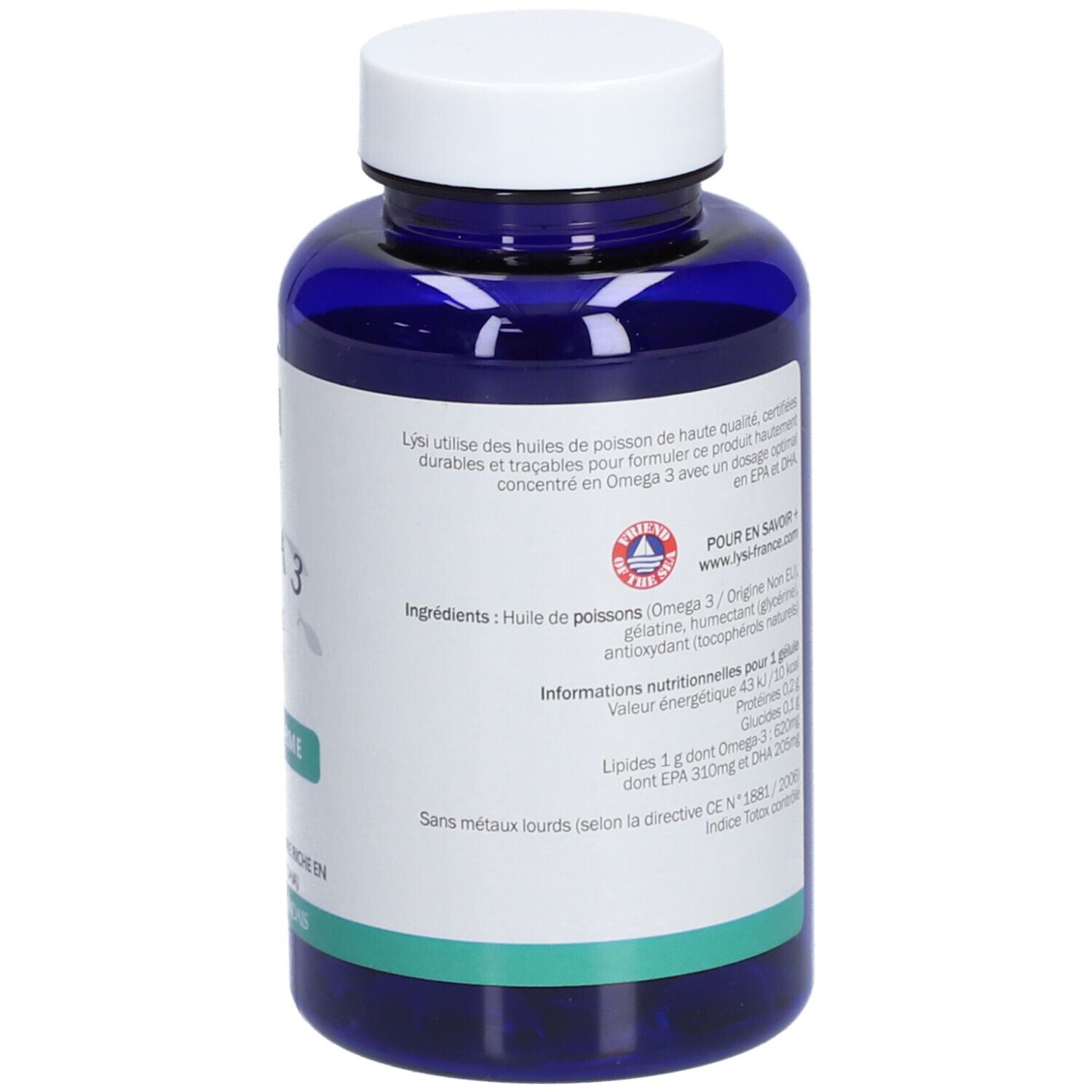 Flacon bleu de gélules. Texte en français. Informations sur les ingrédients et la valeur nutritionnelle. Sans métaux lourds.