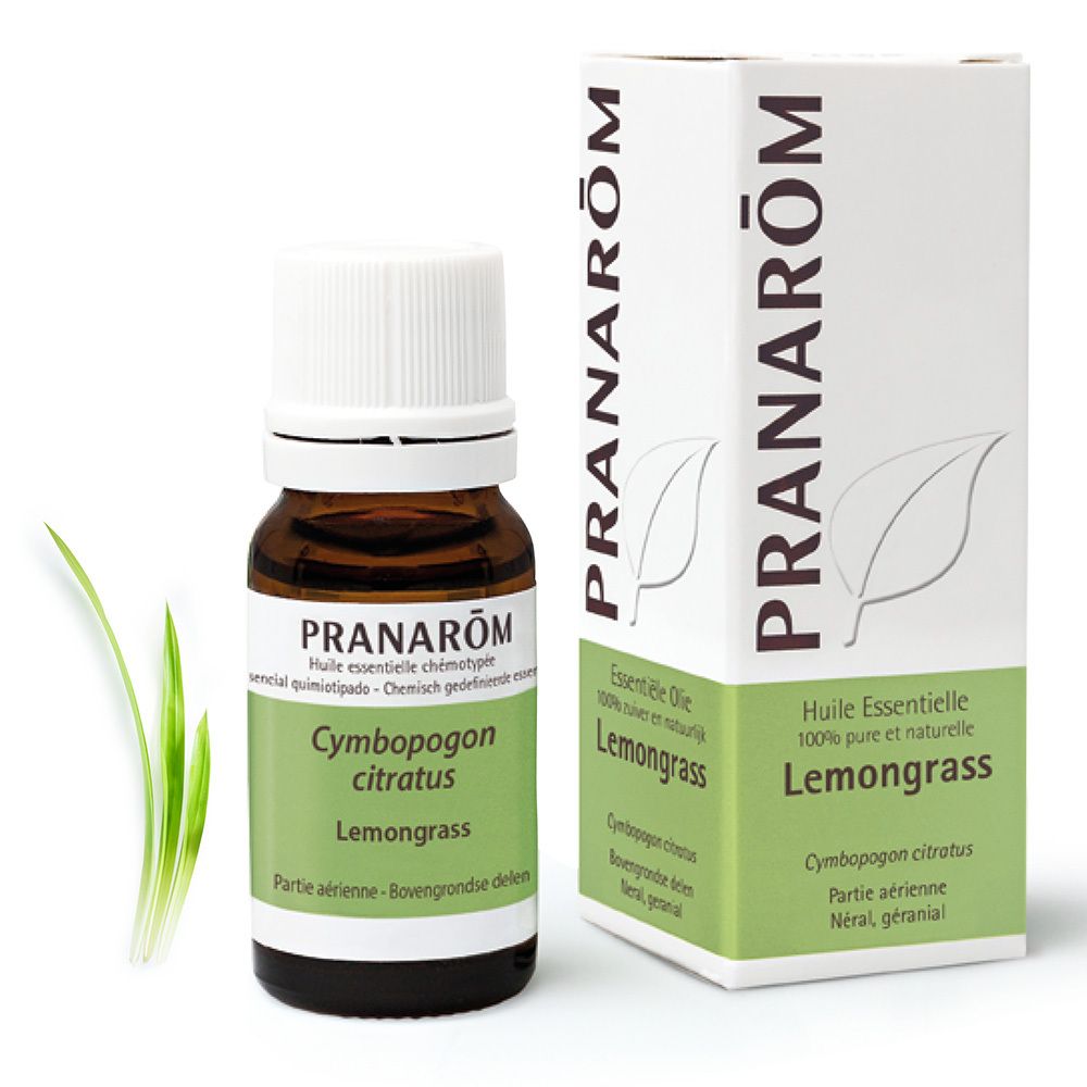 Flacon en verre brun avec bouchon blanc et étiquette verte. Boîte avec informations produit.