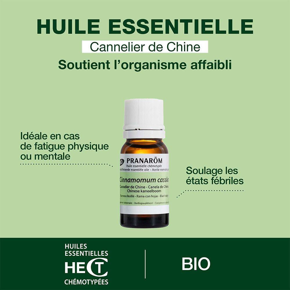 Publicité pour l'huile essentielle Cannelier de Chine. Soutient l'organisme affaibli. Idéal en cas de fatigue. Soulage la fièvre.
