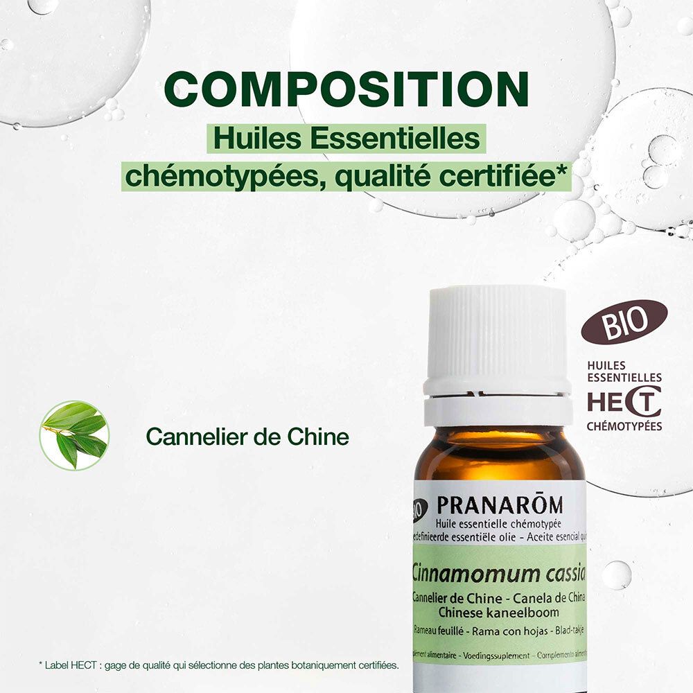Composition : Huiles essentielles chémotypées, qualité certifiée. Flacon Cannelier de Chine. Label BIO.