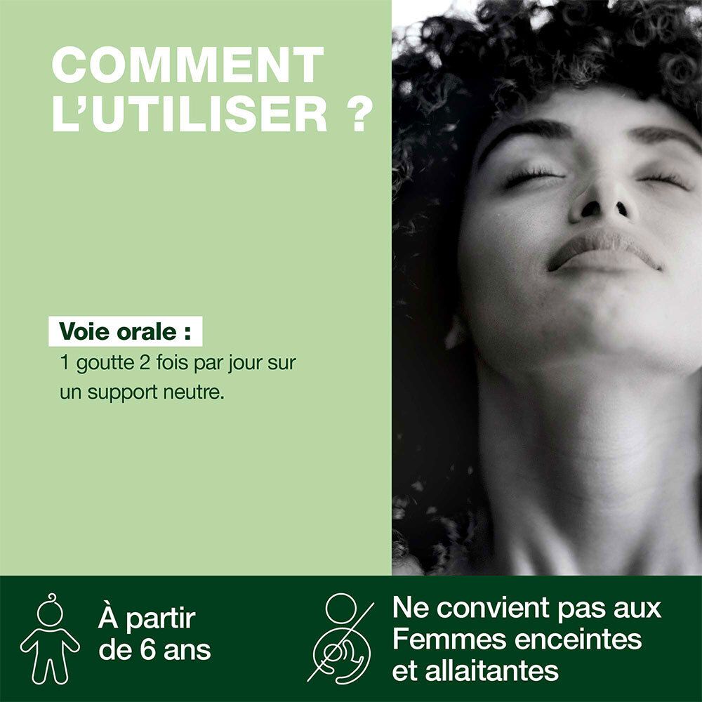 Utilisation : 1 goutte 2 fois par jour sur support neutre. Ne convient pas aux femmes enceintes et allaitantes. Dès 6 ans.