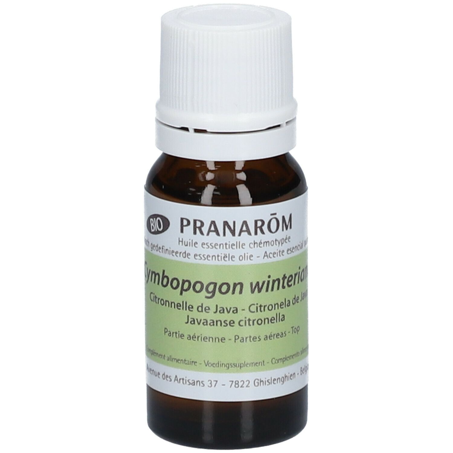 Flacon en verre brun avec bouchon blanc. Étiquette avec nom du produit et label BIO. Texte: Pranarôm, Cymbopogon winterianus, Citronnelle de Java.
