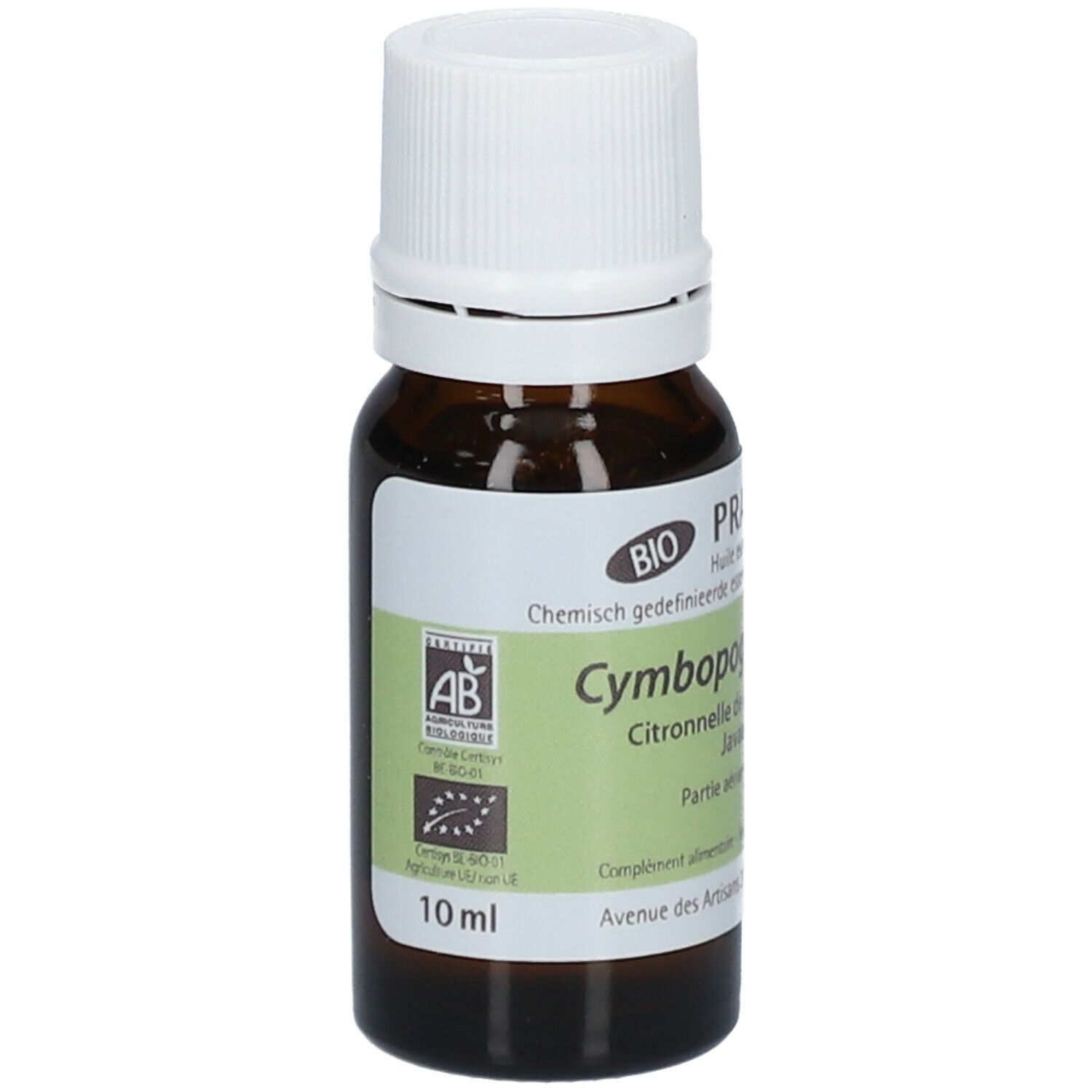 Flacon en verre brun avec bouchon blanc. Étiquette avec label BIO et texte: Pranarôm, Cymbopogon, Citronnelle de Java. Volume: 10 ml.