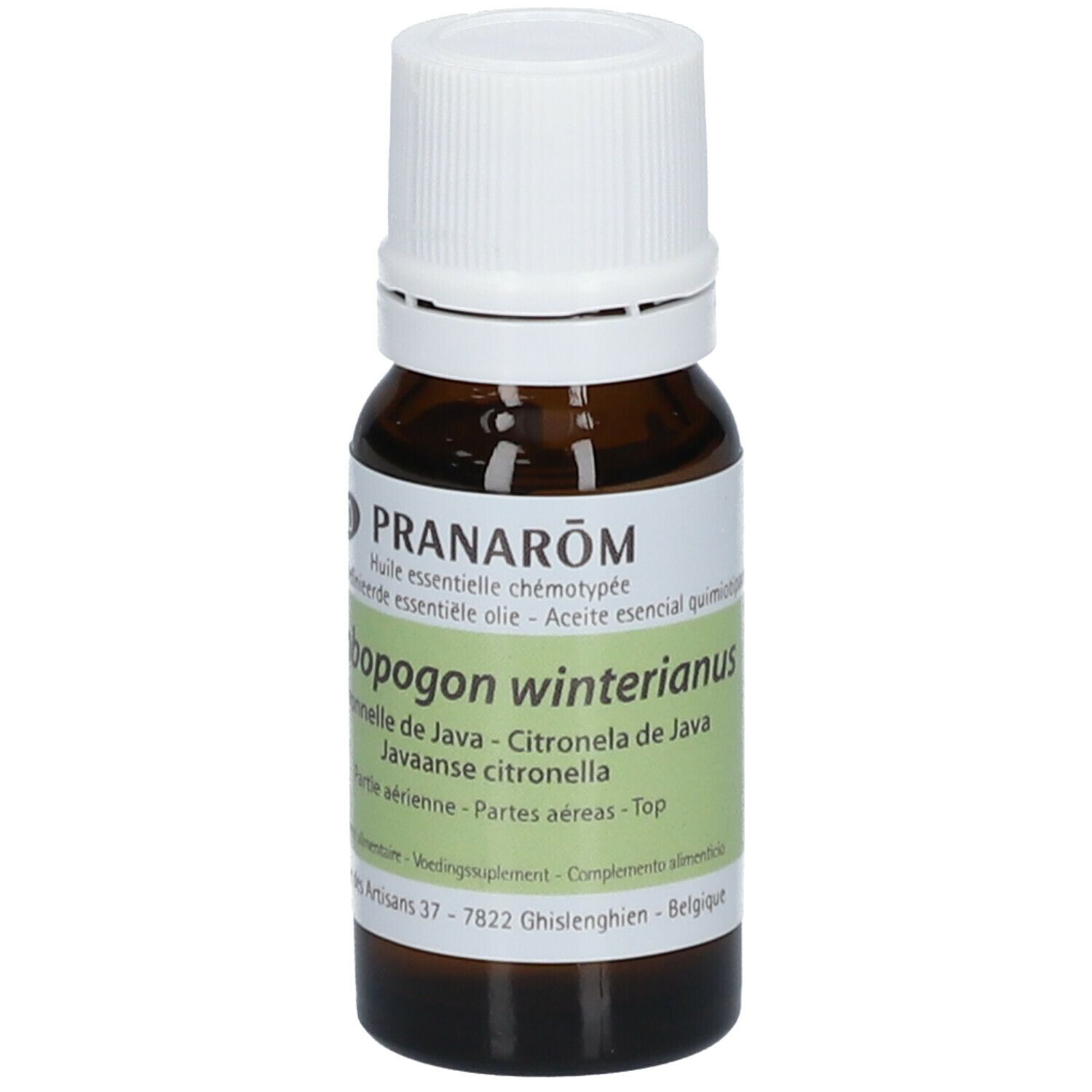 Flacon en verre brun avec bouchon blanc. Étiquette avec texte: Pranarôm, Cymbopogon winterianus, Citronnelle de Java. Label BIO.