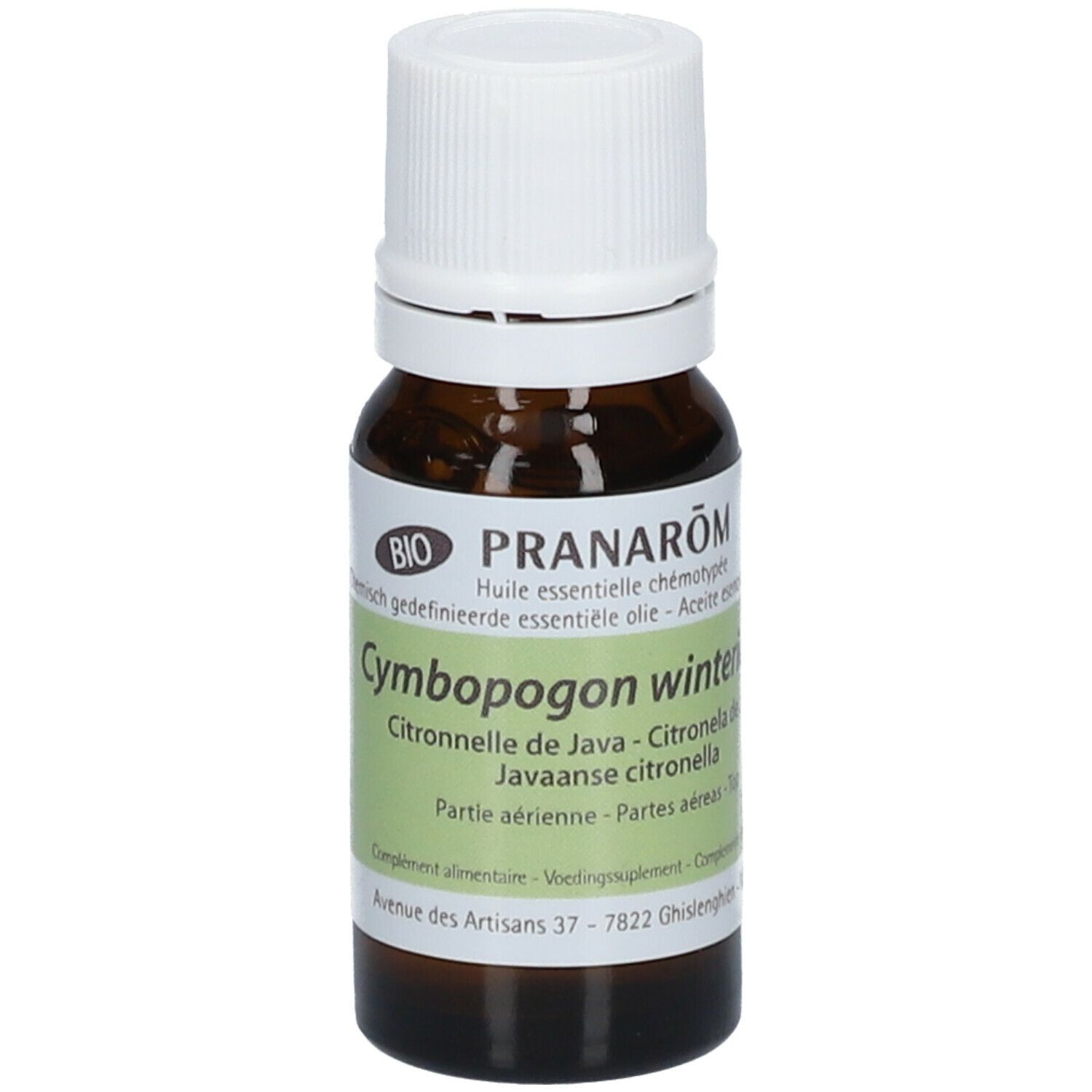 Flacon en verre brun avec bouchon blanc. Étiquette avec texte: Pranarôm, Cymbopogon winterianus, Citronnelle de Java. Label BIO.