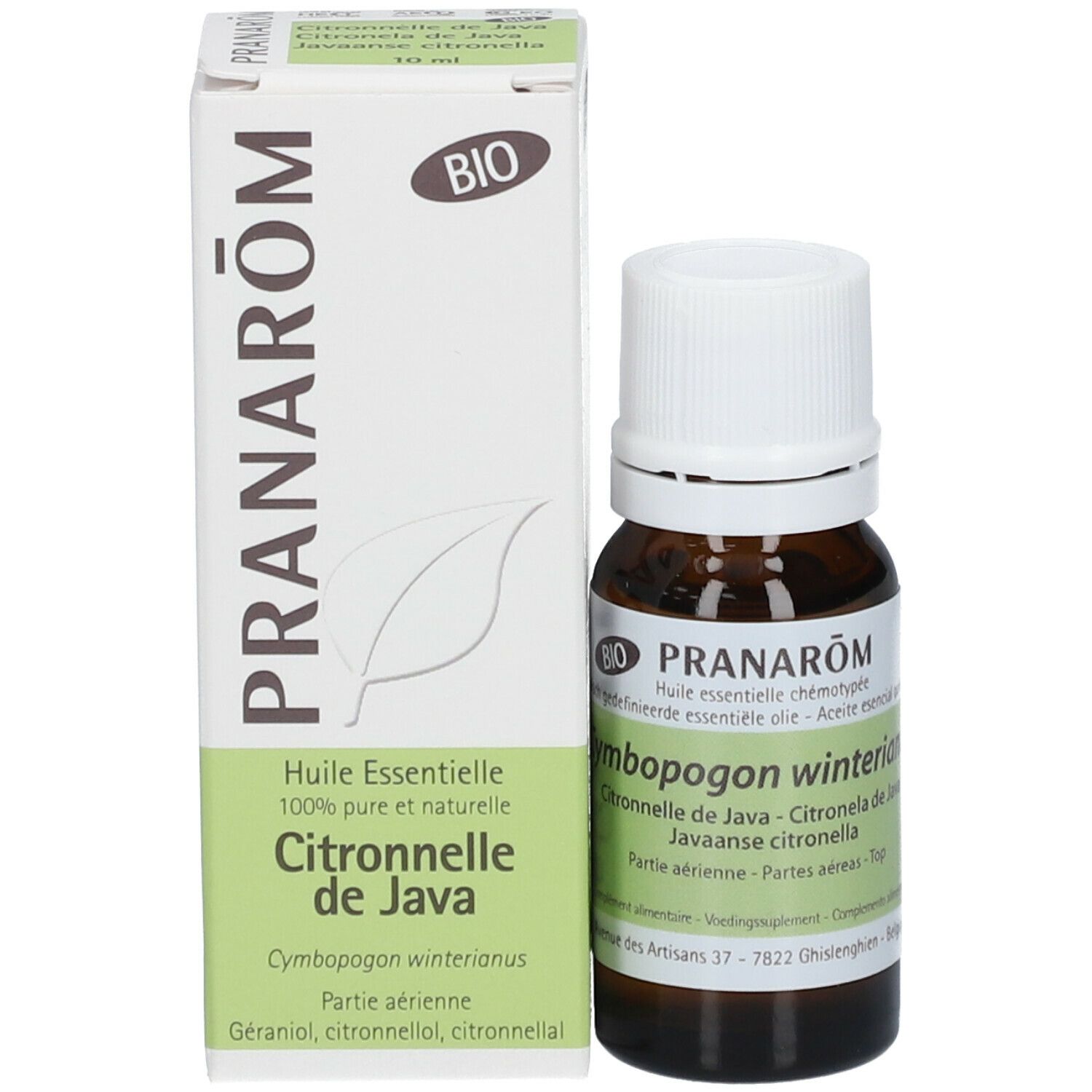 Flacon et emballage. Flacon: verre brun, bouchon blanc. Emballage: blanc, vert, texte: Pranarôm, Citronnelle de Java.