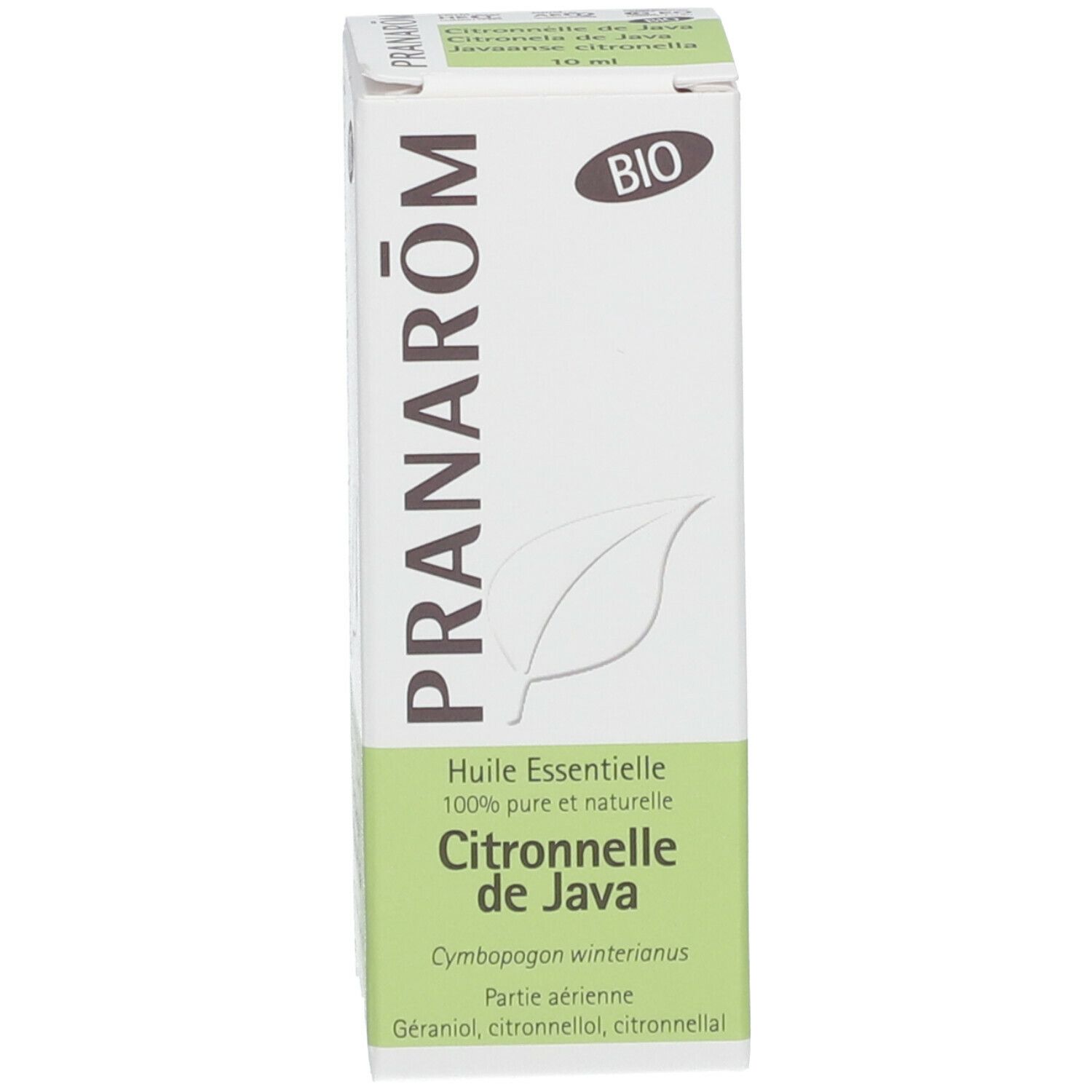 Emballage. Blanc, vert. Texte: Pranarôm, Citronnelle de Java, Huile Essentielle. Label BIO.