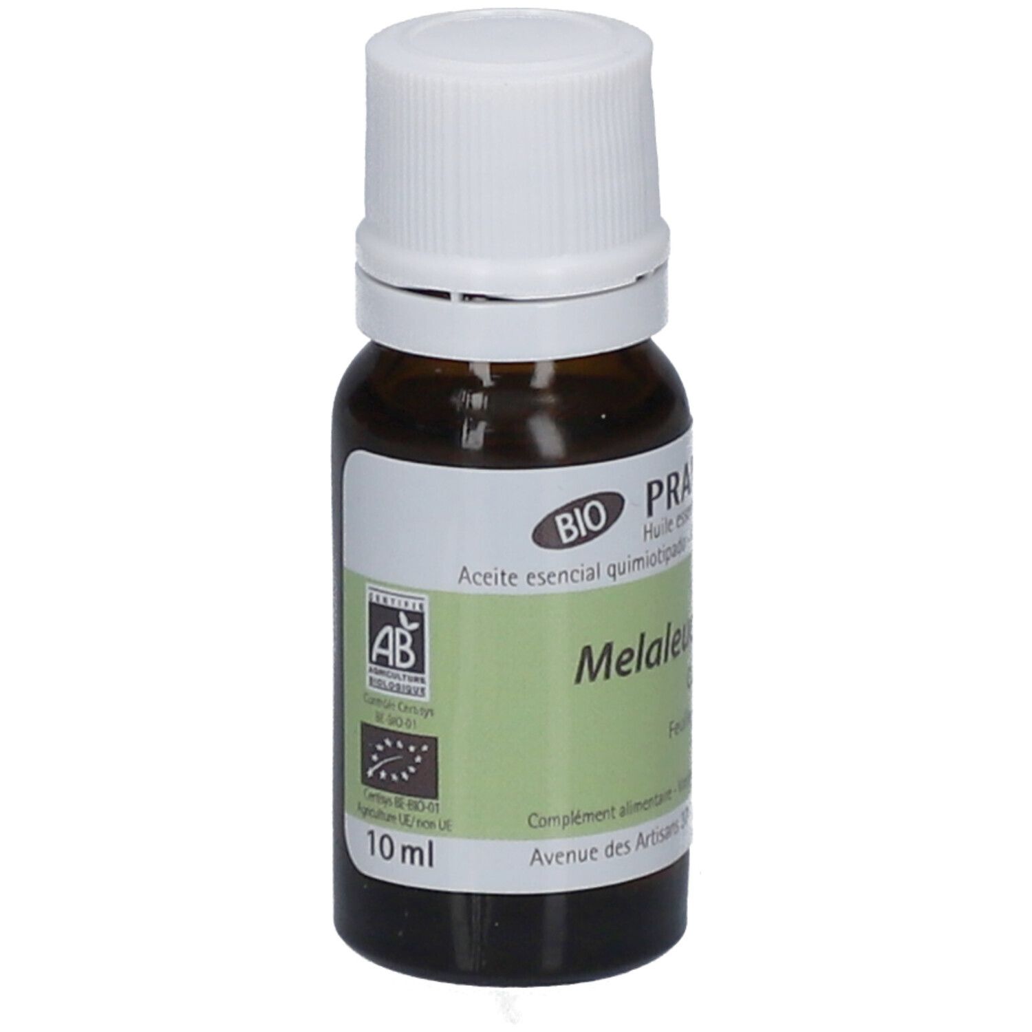Flacon en verre brun avec bouchon blanc. Étiquette avec nom du produit et marque. Certification BIO, 10 ml.