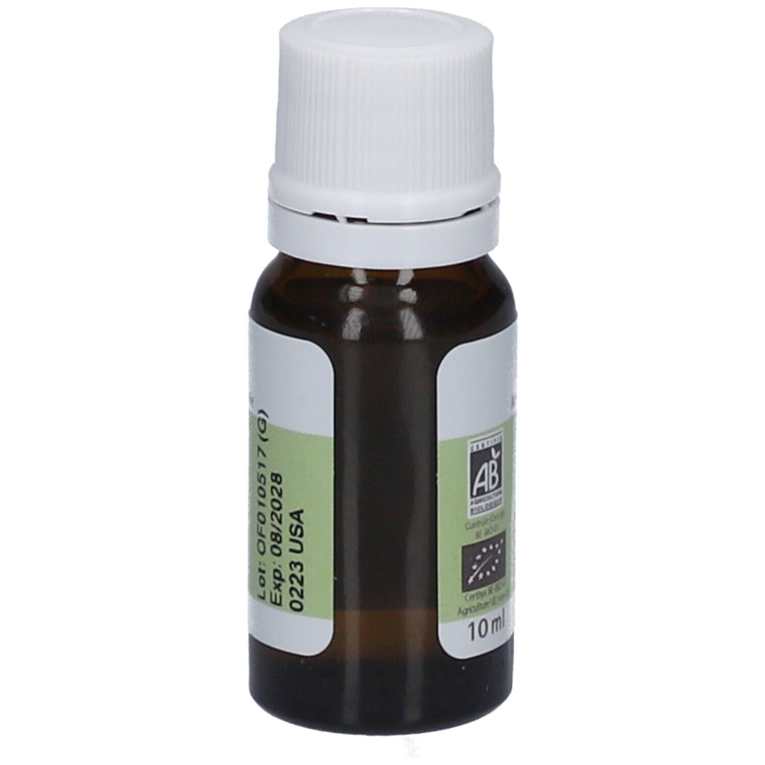 Flacon en verre brun avec bouchon blanc. Étiquette avec nom du produit et marque. Certification BIO, 10 ml.